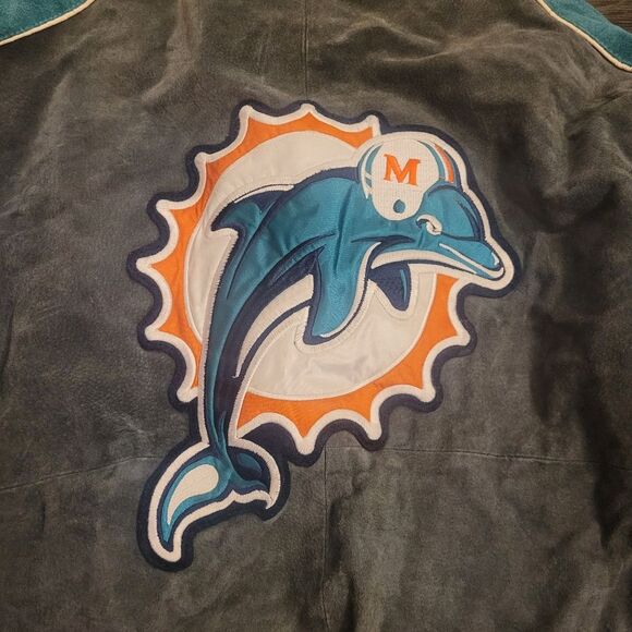 Miami Dolphin Vintage Giii NFL Teal & Gray Varsity Bomber Leather Suede Jacket - Picture 11 of 16